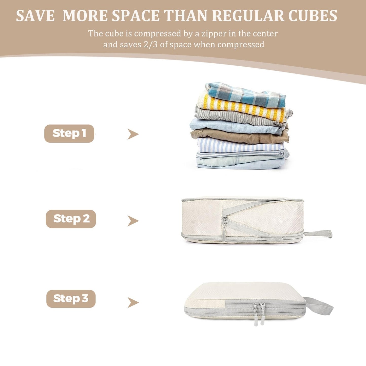 4 Set Compression Packing Cubes for Suitcase - Space-Saving Luggage Organizer Bags, Lightweight Travel Essentials for Efficient Packing (Beige)