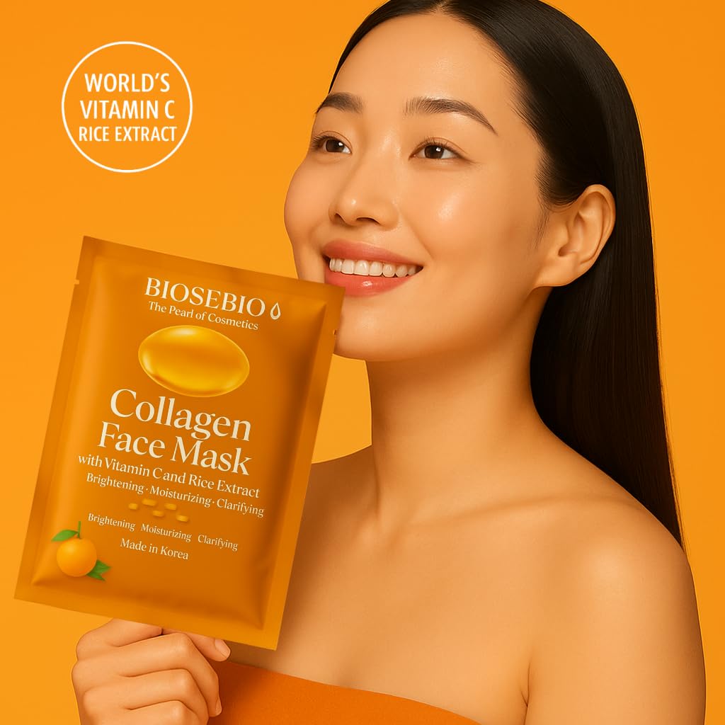 Korean Collagen Face Mask with Vitamin C & Rice Extract - BIOSEBIO Hyaluronic Acid Sheet Masks for Glowing Radiant Skin - Deep Hydrating, Moisturizing & Anti-Aging Facial Skincare for Women - 5 Pack
