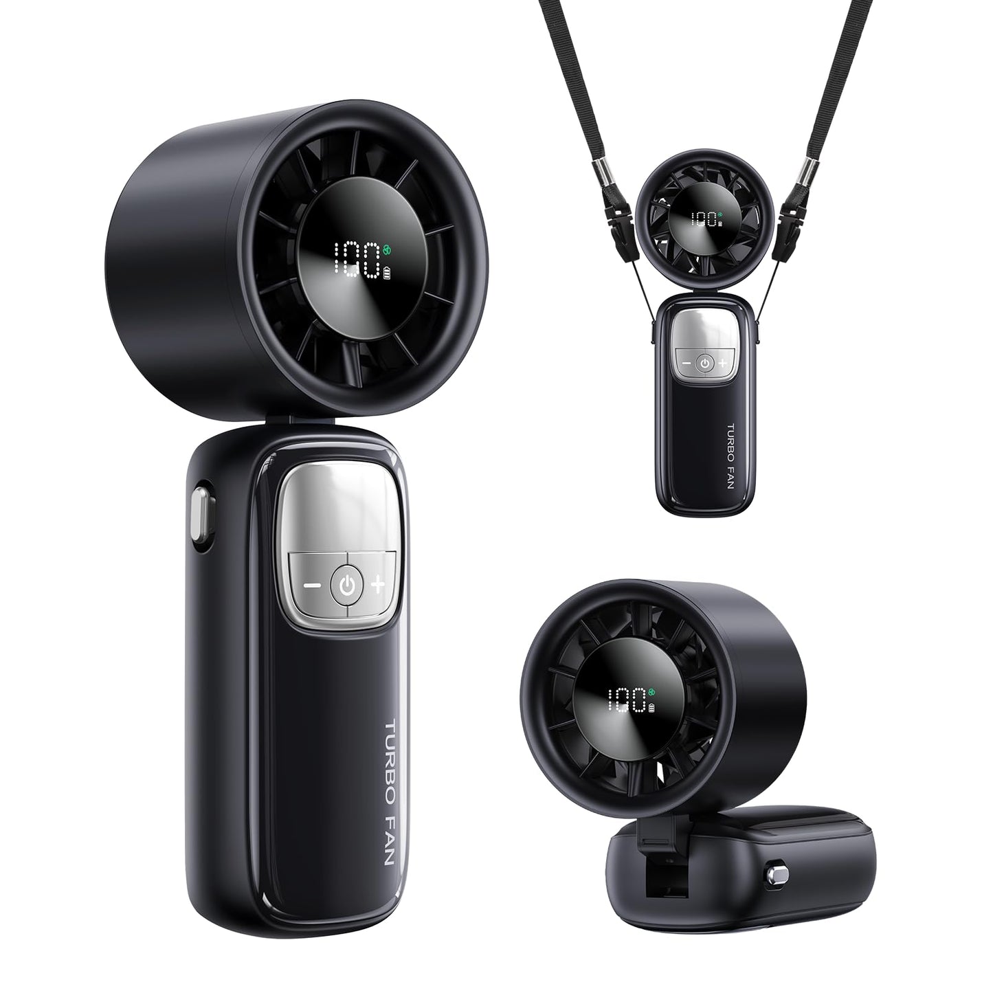 KIMMOO 3-in-1 Portable Handheld Turbo Fan-100 Speeds, 15000 RPM, 10Hrs Cooling, LED Display, 90° Rotation, USB Rechargeable Battery Powered, Mini Foldable Hand Held Personal Fan for Women Men (Black)