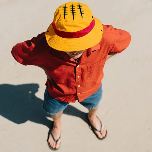 3-in-1 OP Captain Inspired Sun Hat Set - UPF 50+ Foldable Wide Brim Bucket Hat with Adjustable Back Vent + Strawhat Key Case & Enamel Pin, Unisex Waterproof Outdoor Hat for Women/Men