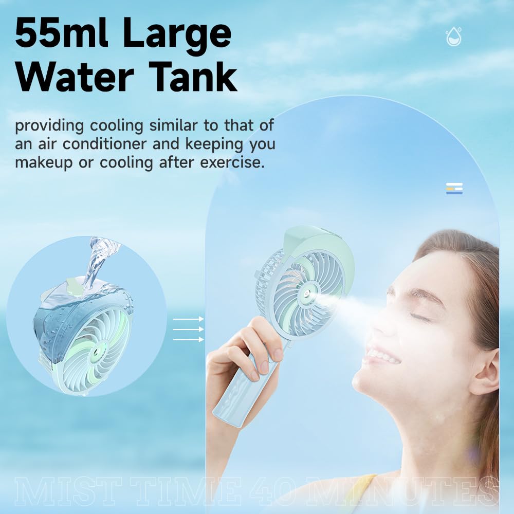 HandFan 4000mAh Personal Misting Fan With 55ml Large Water Tank - Portable Handheld Rechargeable Mister, Battery Operated, 180 Foldable, 3 Speeds for Travel, Beach, Outdoors (Green)