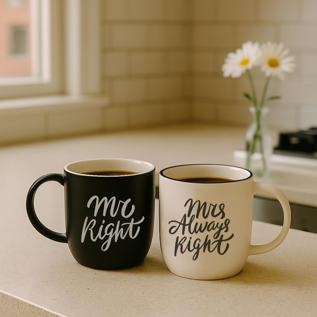 Triple Gifffted Mr Right Mrs Always Right Coffee Mugs Gifts Ideas for Couples, Wedding Anniversary, Engagement, Christmas, His & Hers, Bride and Groom, Parents, Newlyweds Bridal Shower, Ceramic 380ml