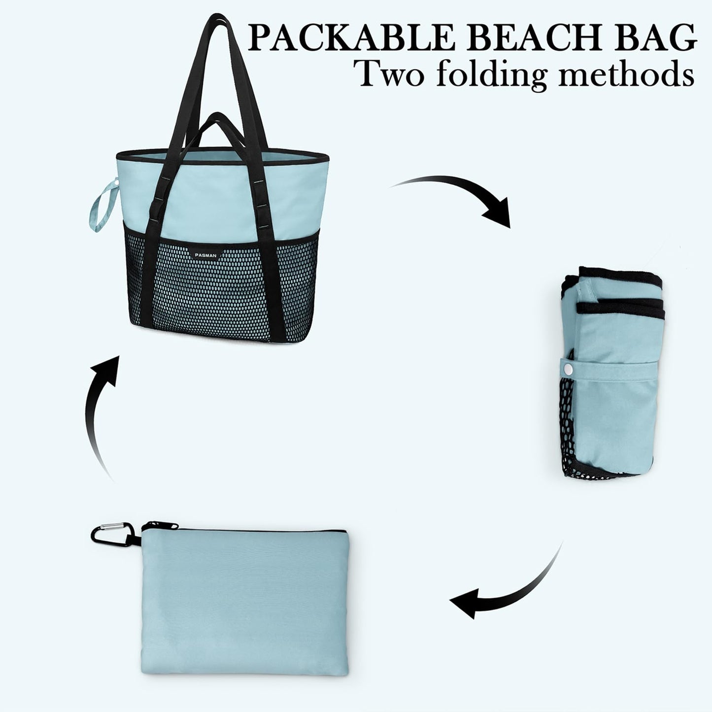 PASMAN Beach Bag with Zipper - 8 Pockets Sandproof Beach Tote Bag for Women,Foldable Lightweight Family Swim Bag Vacation (Light Blue)