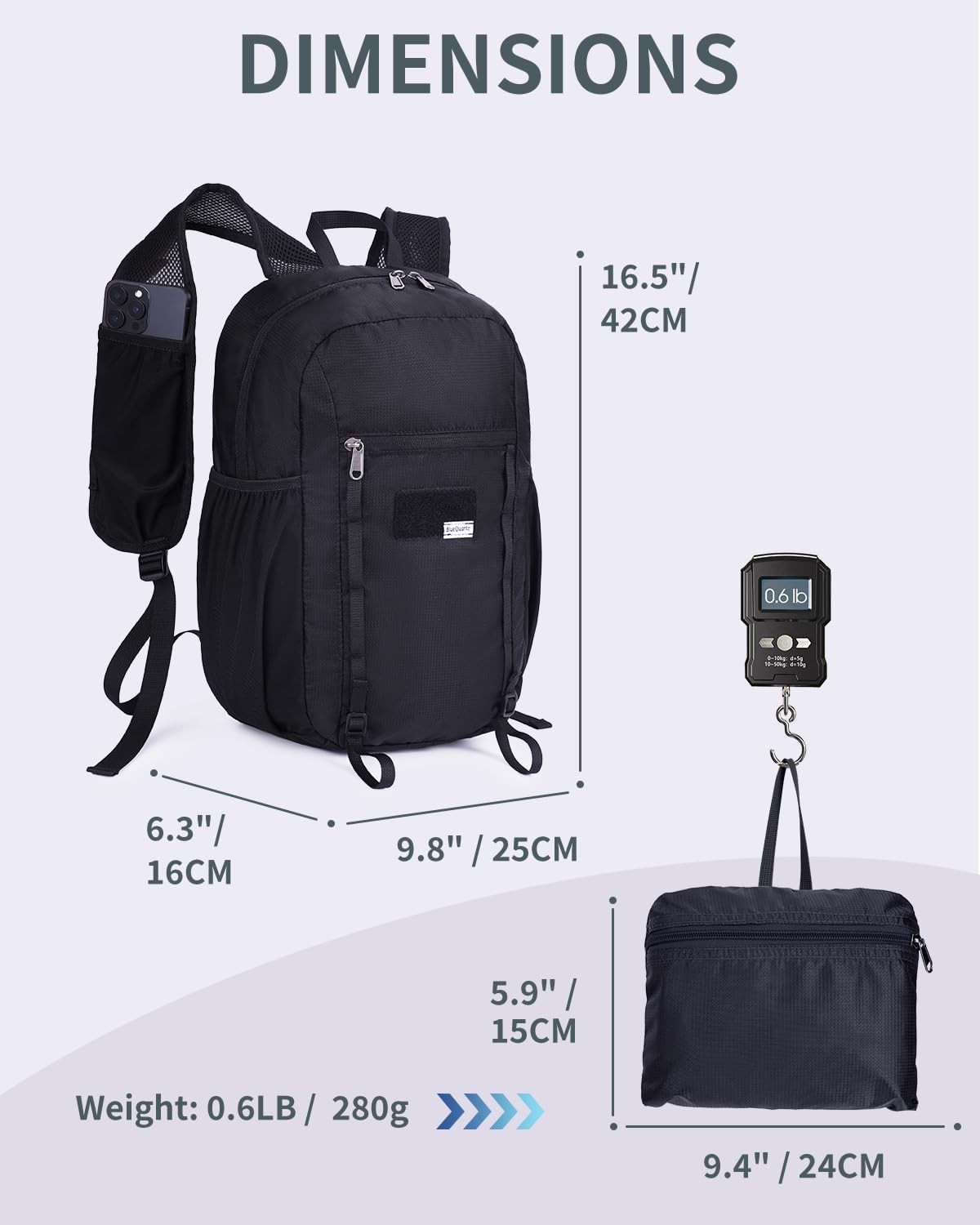 Blue Quartz 15L Small Hiking Backpack with Chest Pockets for Phone, Ultralight Hiking Daypack with Sternum Straps, Lightweight Foldable Packable Back Pack for Women Men(patent pending)