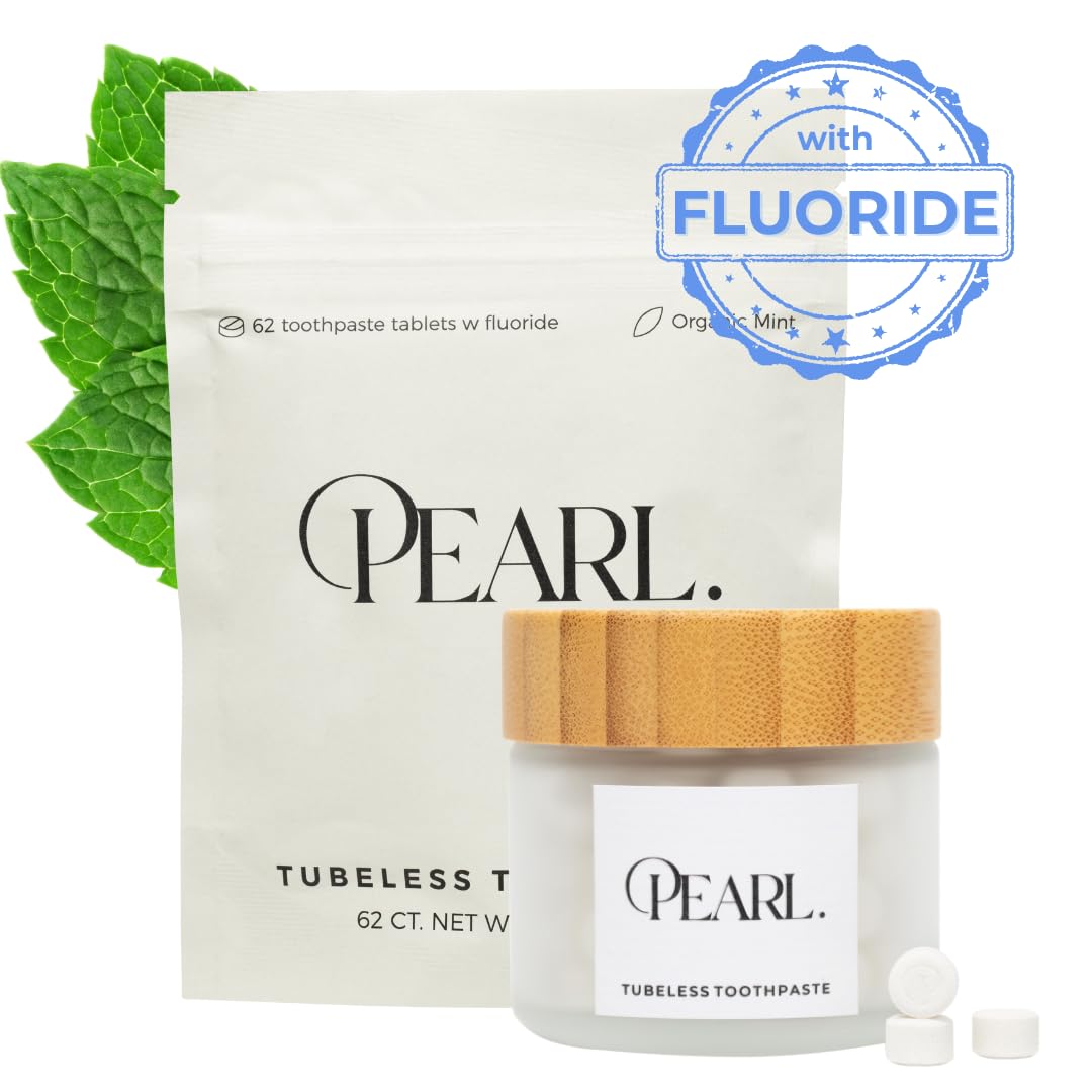 Starter Kit: The Pearl Jar & Fluoride Mint Toothpaste Tablets | Dentist Developed | Natural Whitening | TSA Approved | Reusable Packaging (Jar + 62 Tablets)