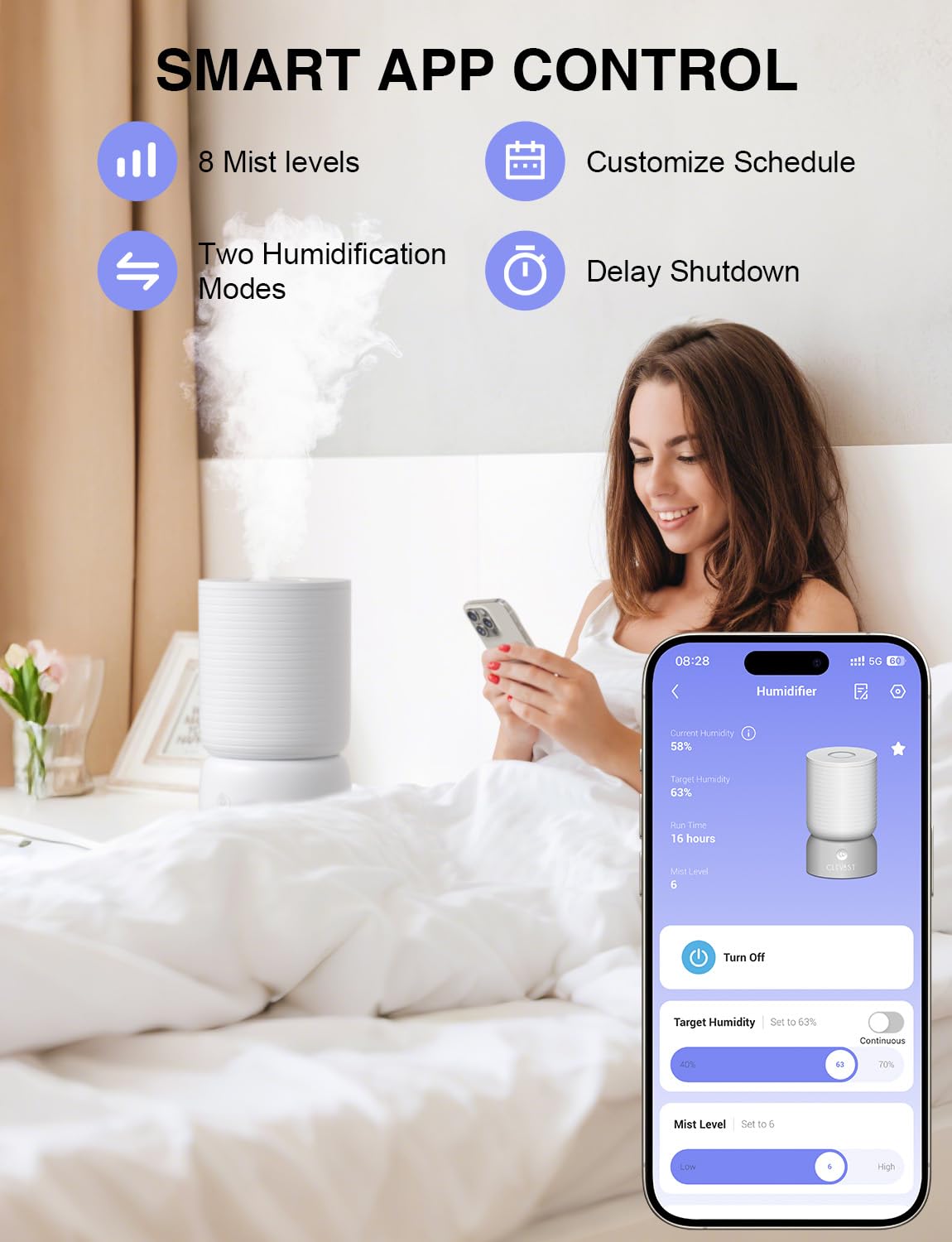 CLEVAST Smart Humidifiers for Bedroom, 1 Gal/4L Cool Mist Top Fill Humidifier with Essential Oil Diffuser, Quiet Operation for Baby Nursery, Home, Office, Large Room, Works with Alexa/Google Assistant