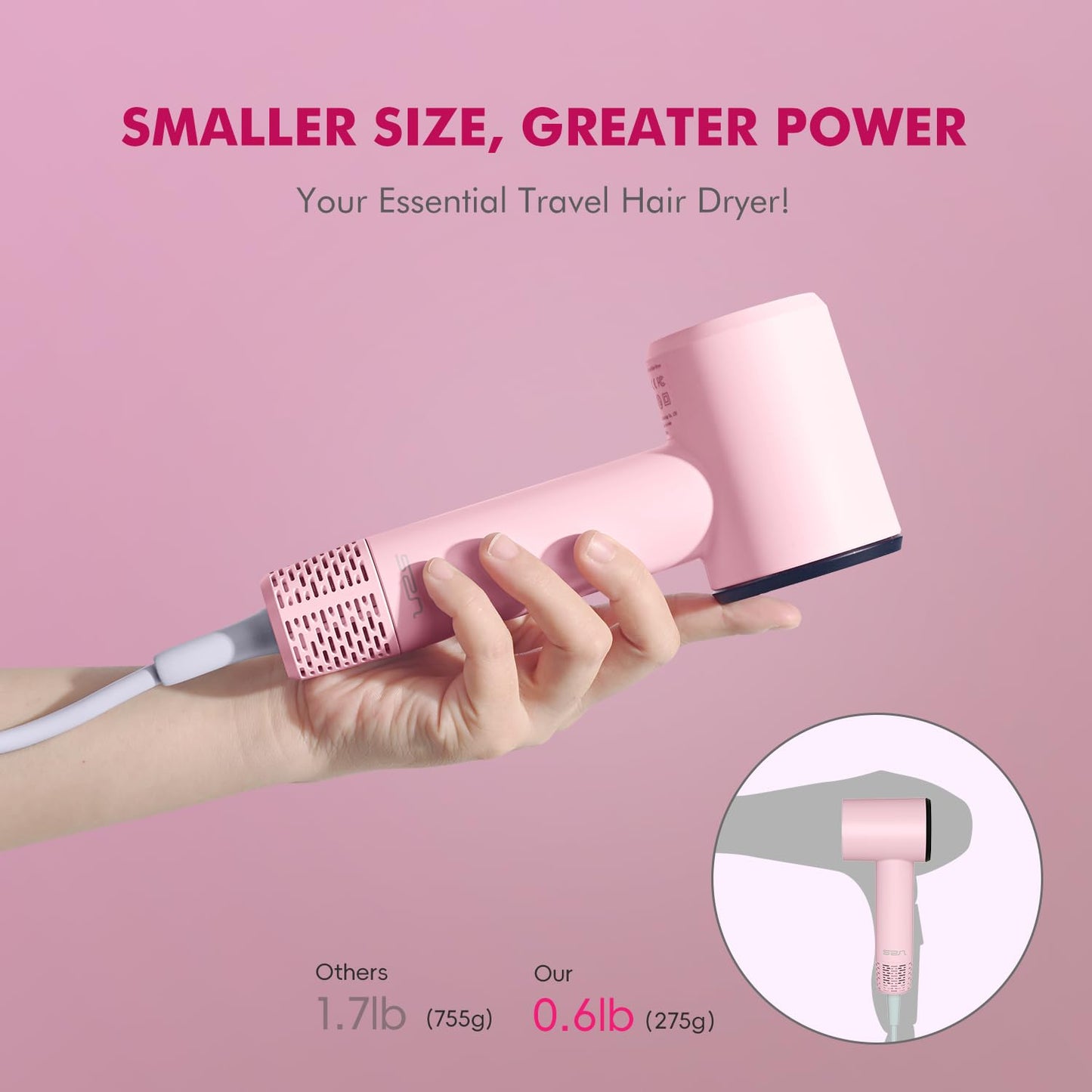 Mini Travel Hair Dryer for Women, 110000 RPM High-Speed Pink Small Blow Dryer, Portable Hairdryer for Fast Drying, Low Noise Thermo-Control, Compact Hair Dryer with Magnetic Nozzle