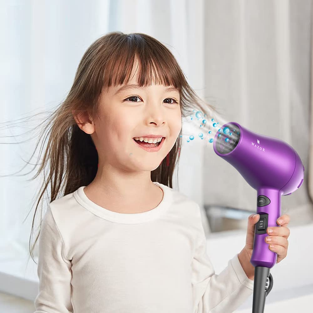 Wazor Compact 1000W Blow Dryer for Kids & Pour Painting Mini Travel Hair Dryer for RV, Ionic Lightweight Dryer with Concentrator, Cool Shot Button, Purple