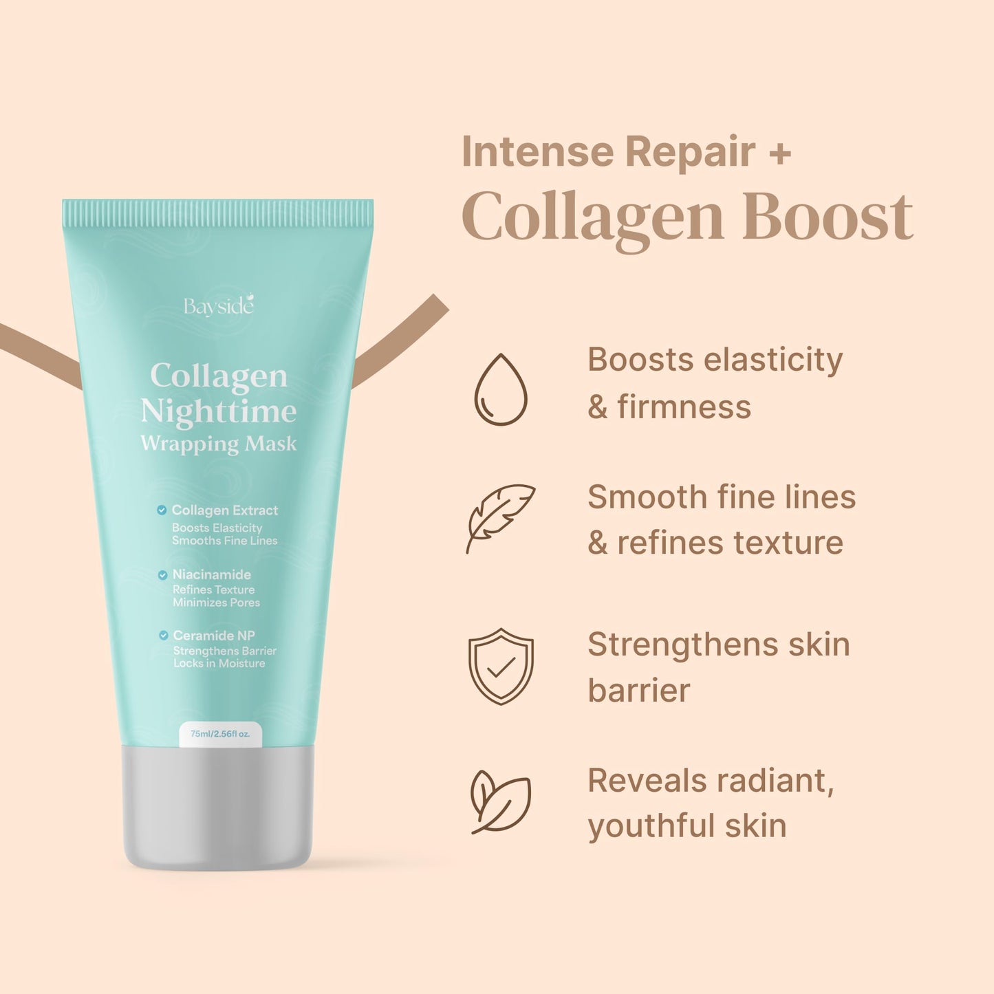 Bayside Collagen Nighttime Wrapping Mask | Overnight Face Mask with Collagen, Niacinamide & Ceramide NP | Hydrating Peel Off Face Mask for Firm, Smooth & Radiant Skin | Facial Skincare for Women, 75ml