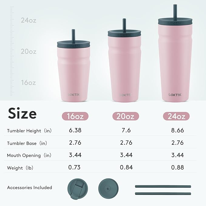 COKTIK 24oz Insulated Tumbler with Lid and Straw 2 Lids (Straw/Flip) Iced Coffee Cup Reusable Stainless Steel Travel Mug Water Bottle Cupholder Friendly for Women Men Her Him (Blush)