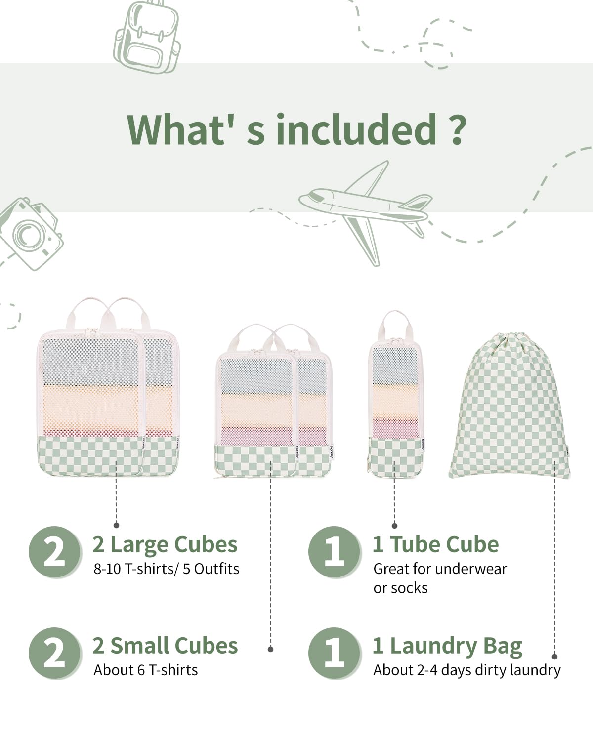 Narwey 6 Set Checkered Compression Packing Cubes for Travel Women Kids Carry on, Cute Packing Organizers Bag for Luggage Suitcase Backpack Duffle Bags (Mint Green Checkerboard)