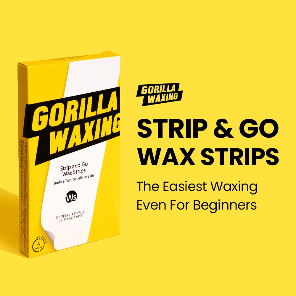 Gorilla Waxing Strip & Go Wax Strips Kit – 28 Multi-Size Wax Strips + 4 Calming Serum Wipes, Ready-to-Use Hair Removal for Face & Body, Sensitive Skin, No Heating Needed, Korean Skin Care