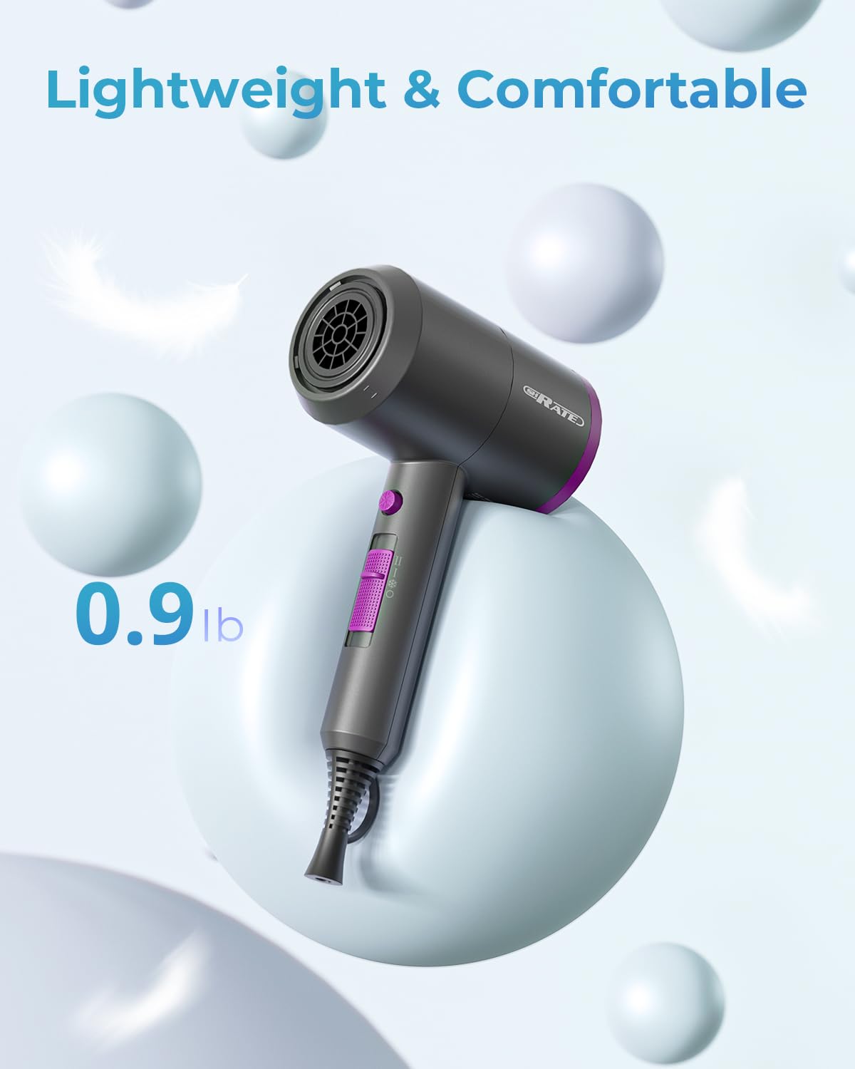 SHRATE Lightweight Ionic Hair Dryer with Diffuser - Powerful 1800W Blow Dryer for Fast Drying - Professional Low Noise Mini Hair Dryer for Travel, Gifts, Hair Styling