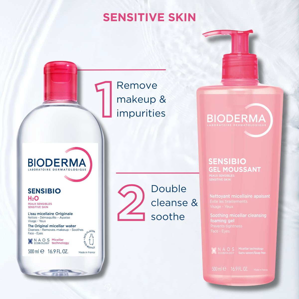Bioderma Sensibio H2O, Micellar Water, Travel Size Makeup Remover Cleanser, Gentle for Skin, Fragrance-Free & Alcohol-Free, Gentle Face Cleanser for Sensitive Skin, 3.4 Fl Oz