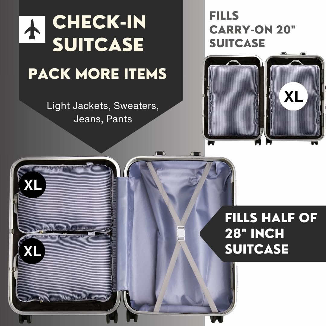 Extra Large Compression Packing Cubes for Checked Luggage, Lightweight Suitcase Organizers & Space Saver Bags - Travel Cubes for Packing - Travel Essentials - 2 Piece Set, X-Large - Grey Stripe