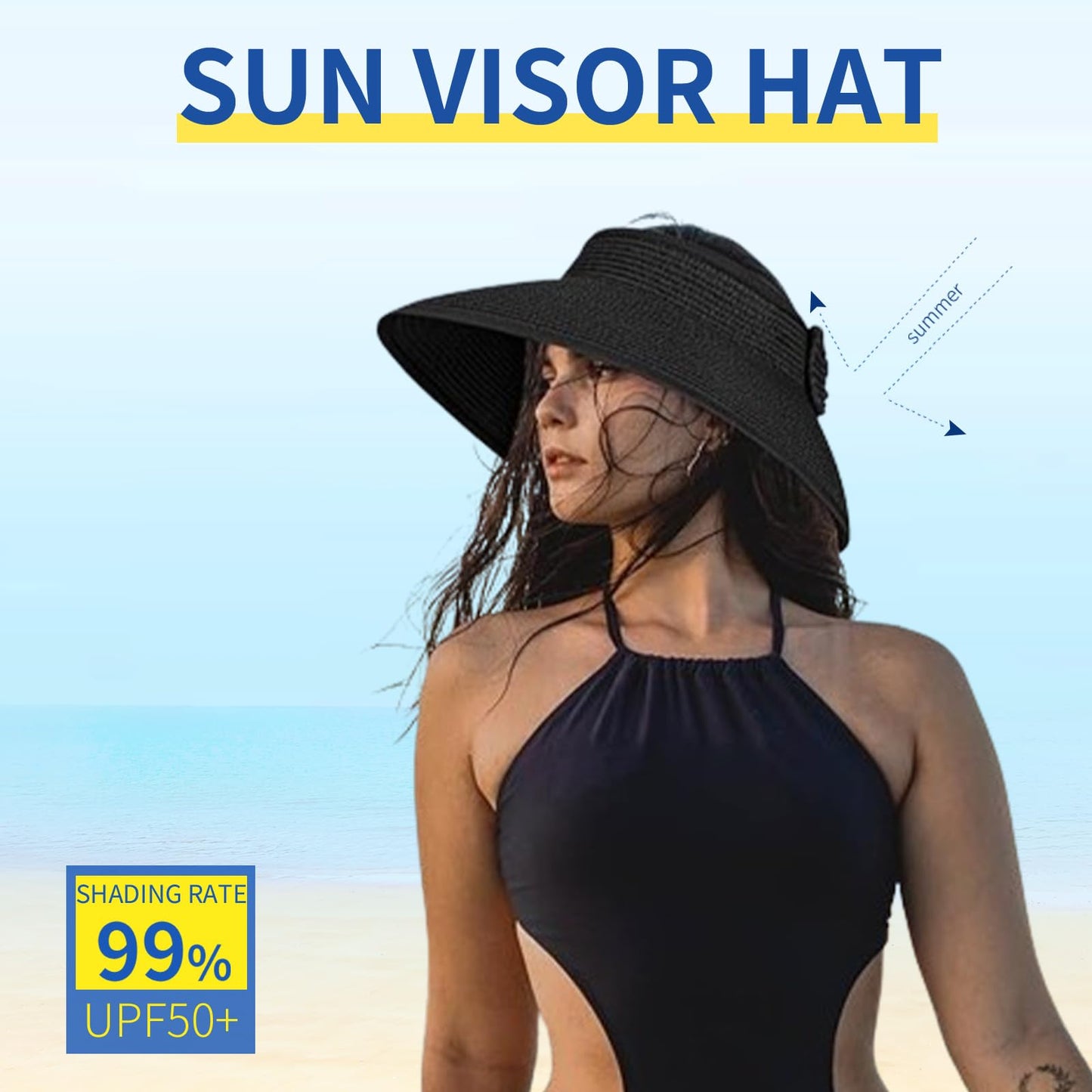 Hzcigav Ultimate UV Protection UPF Women’s Sun Visor Hat - Wide Brim, Lightweight, Breathable, Roll-Up, Foldable, Packable, Adjustable, Straw Sun Hat UPF 50+, Stylish Beach Accessory for Women