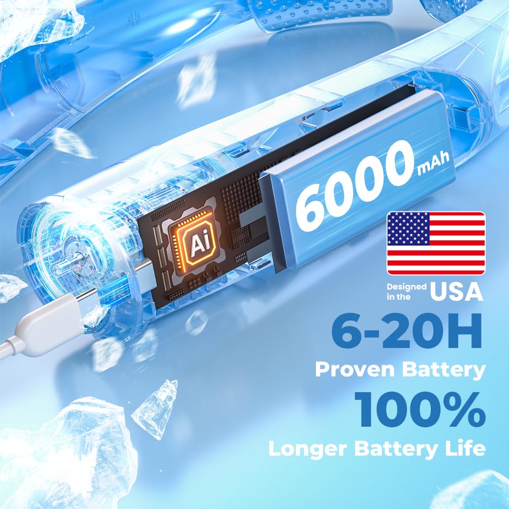 VOSFEEL Outdoor Neck Fan 8000RPM Hurricane Wind, Portable Personal Fan Rechargeable, Proven Battery 20Hrs, 6 Adjustable Cooling Speeds, 360° Airflow, Hands-Free Wearable Fan for Camping Travel, Black