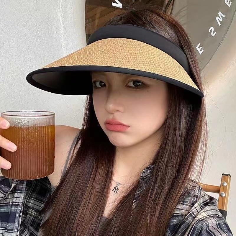 UPF 50+ Sun Visors for Women Wide Brim Beach Hat Foldable Straw Visor Hat Summer Packable (Khaki-Black)