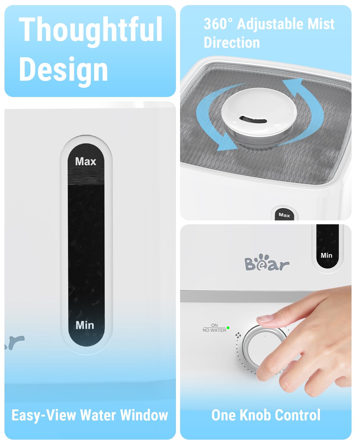 Bear Humidifiers for Bedroom, 3L Cool Mist Humidifiers and Oil Diffuser, Quiet Rapid humidifiers for Home Whole House, with Adjustable Mist Output and Auto Shut-off, White