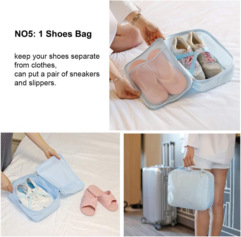 Travel Packing Cubes 8 Pcs Set, Luggage Packing Organizers with Shoe Bag and Toiletry Bag(Light Blue)