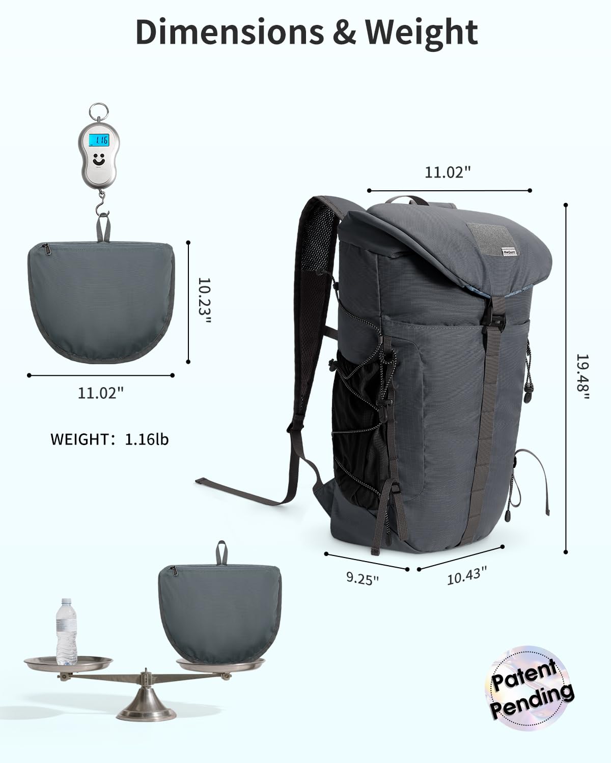 Blue Quartz Hiking Backpack 30L Lightweight Packable Backpack for Travel, Water Resistant Foldable Daypack for Women Men, Gray