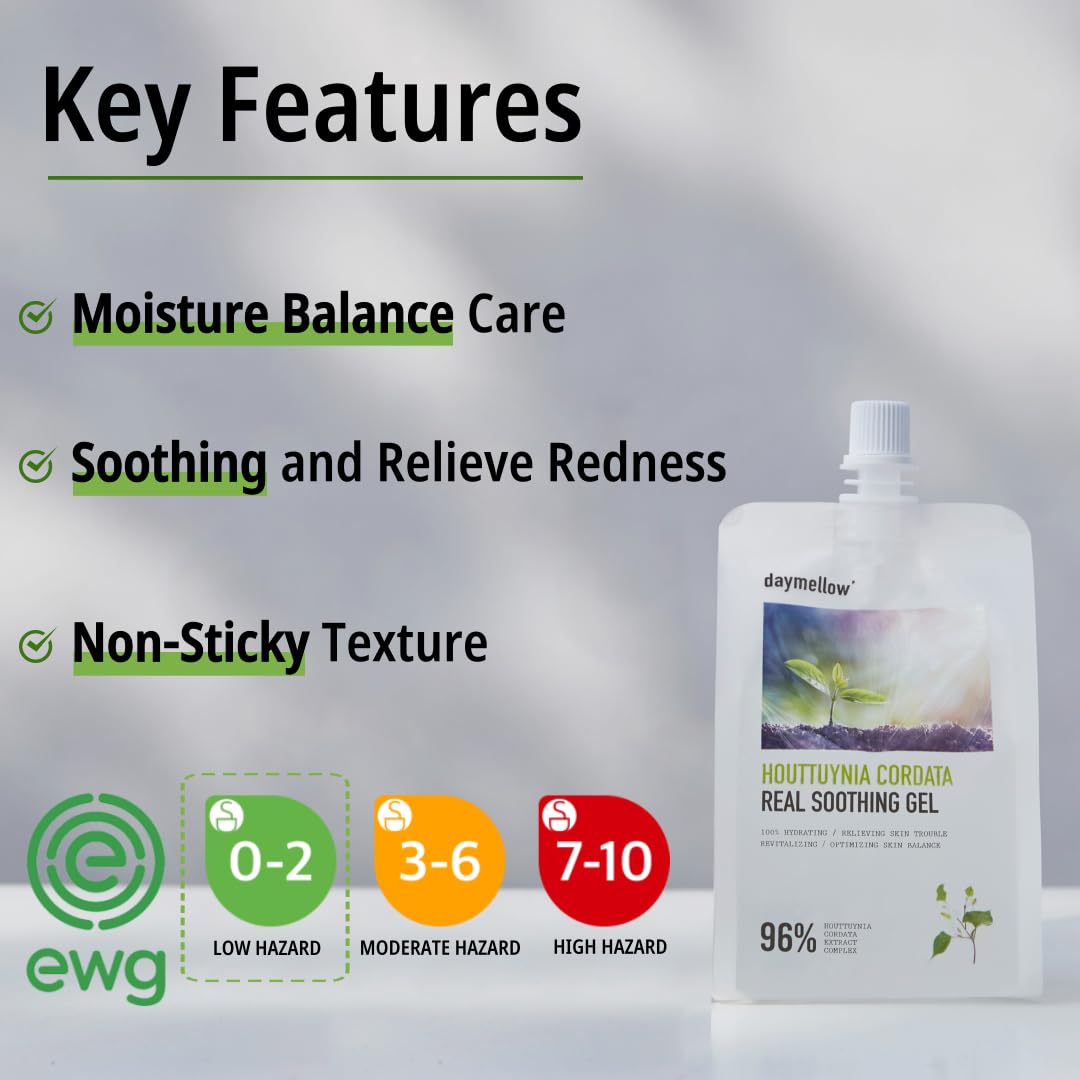 daymellow Heartleaf 96% Soothing Gel Houttuynia Cordata Real 10.58fl.oz/300g, Acne, Soothes, Redness Facial Soothing Gel Korean Skincare, Sunburn Moisture, Soothing and Calming, After Suncare, Cooling