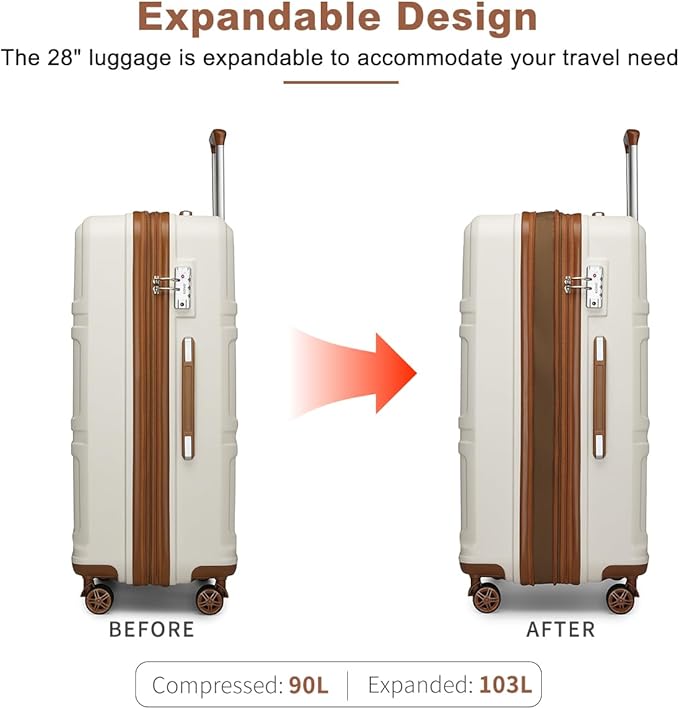 Kono 28 Inch Luggage Expandable Suitcase Lightweight with Spinner Wheels TSA Lock Hardside Large Checked Luggage Durable Rolling Suitcase Cream White