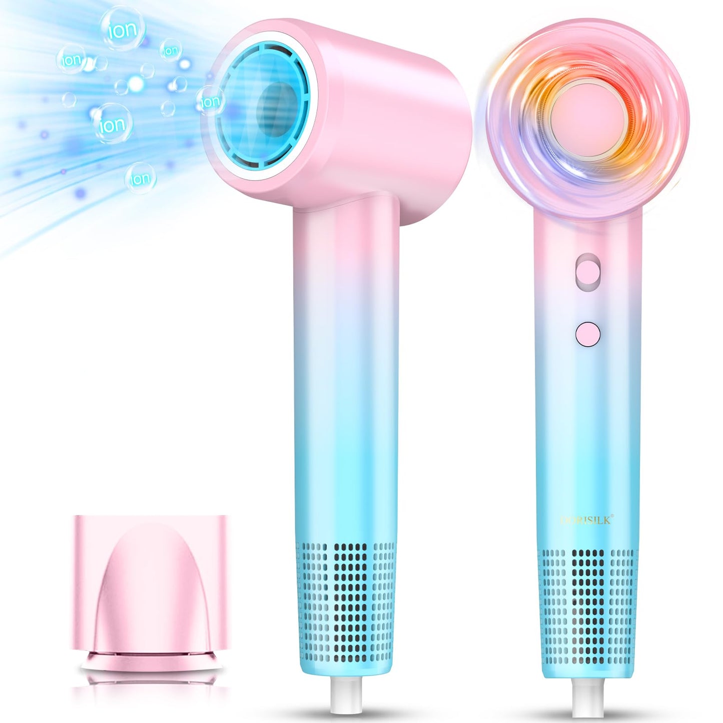 DORISILK Ionic Hair Dryer 110,000 RPM High Speed, Professional Blow Dryers for Salon Home Use, Portable Blowout Hair Dryers Lightweight with Nozzle Hot & Cold Selection Gift for Women Girl, Pink Blue