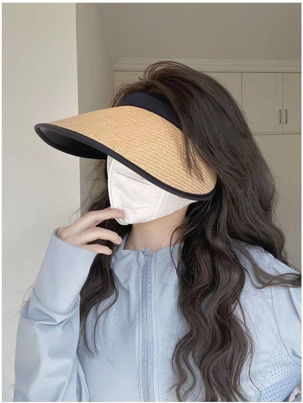 UPF 50+ Sun Visors for Women Wide Brim Beach Hat Foldable Straw Visor Hat Summer Packable (Khaki-Black)