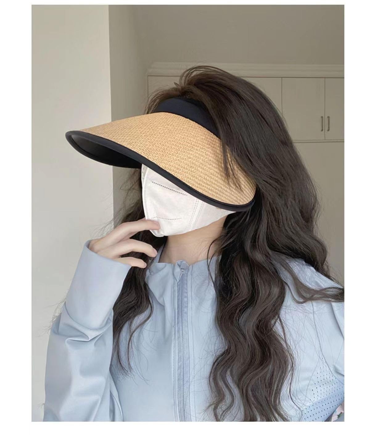 UPF 50+ Sun Visors for Women Wide Brim Beach Hat Foldable Straw Visor Hat Summer Packable (Khaki-Black)