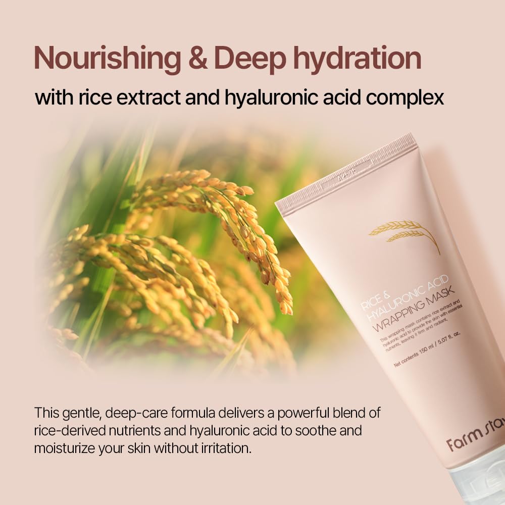 FARMSTAY RICE & HYALURONIC ACID WRAPPING MASK 5.07 fl.oz./150ml, overnight face mask, rice mask, peel off face mask, glass skin, korean skincare