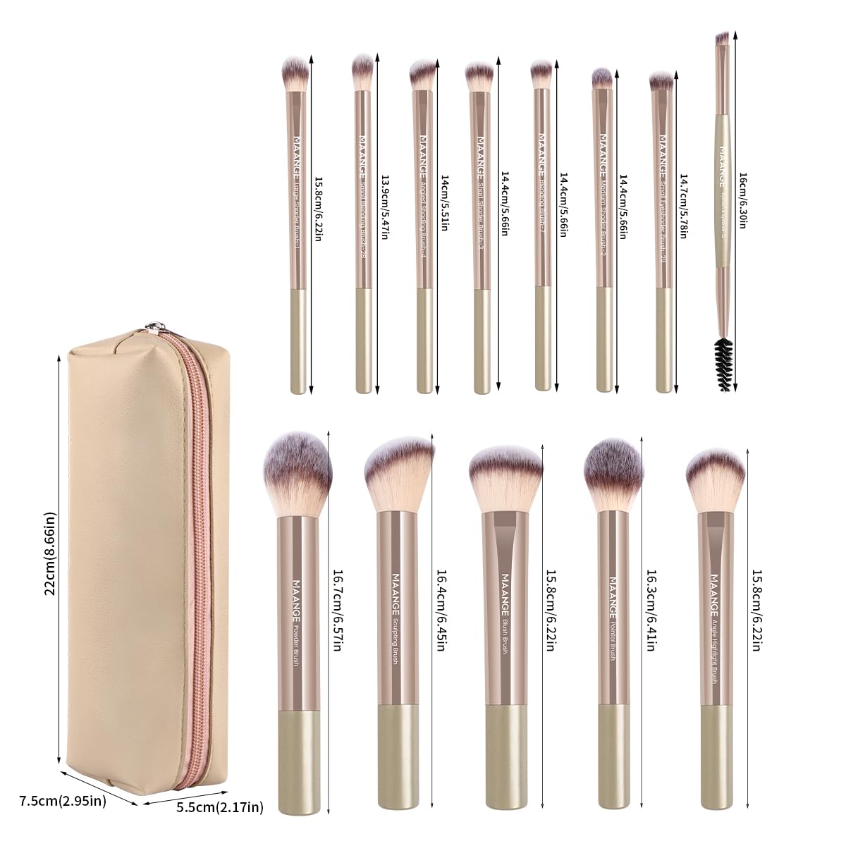 MAANGE 13 PCS Makeup Brushes Professional Make Up Brushes Premium Synthetic Powder Concealers Brushes Travel Makeup Brush Set with Case (Champagne)