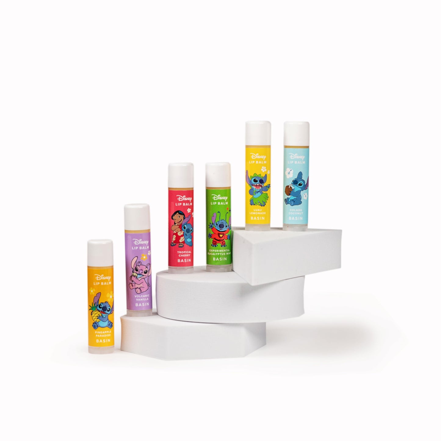 Basin Disney Stitch Lip Balm Collection | 6 Pack Tropical Flavors (Pineapple Paradise, Colada Coconut & More) | Organic Island-Inspired Gift Set, Official Disney, Made in USA