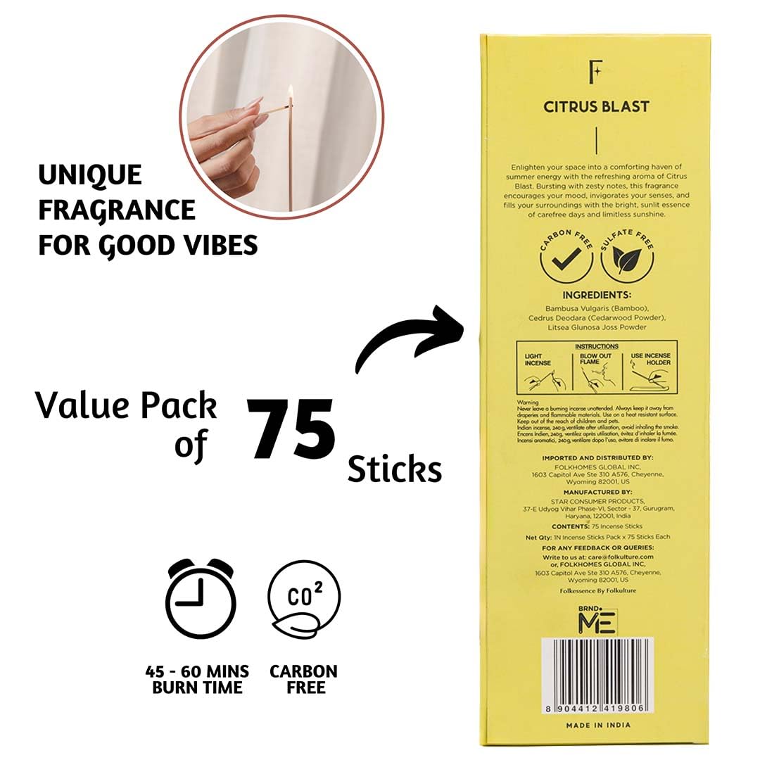 Folkulture Incense Stick for Home | Pack of 75 (8") Insence-Sticks for Meditation with 45 Mins Burn Time | Organic Insence Aromatherapy Inscents | Non Toxic Citrus Inscent-Sticks for Gifts for Women