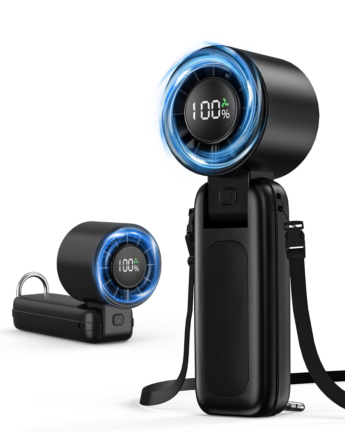 4 in 1 Handheld Portable Turbo Fan, 180° Foldable 6-Speed (1-100) Mini Fan, 5000mAh Rechargeable Battery Operated up to 15 Working Hours, LED Display Personal Cooling for Travel Indoor Outdoor Black