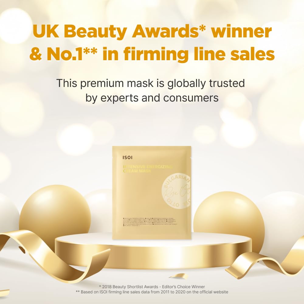 ISOI Intensive Energizing Cream Premium Sheet Mask for Skin Elasticity & Firmness, Infused with High-Moisturizing & Nourishing Firming Cream, Korean Face Mask (4EA)