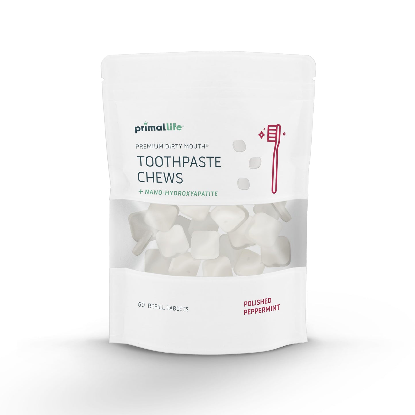 Primal Life Organics Premium Dirty Mouth Toothpaste Chews – Nano-Hydroxyapatite Whitening Toothpaste Tablets for Adults - Gluten Free, Vegan, Paleo - 60 Tablets in Bag - Polished Peppermint
