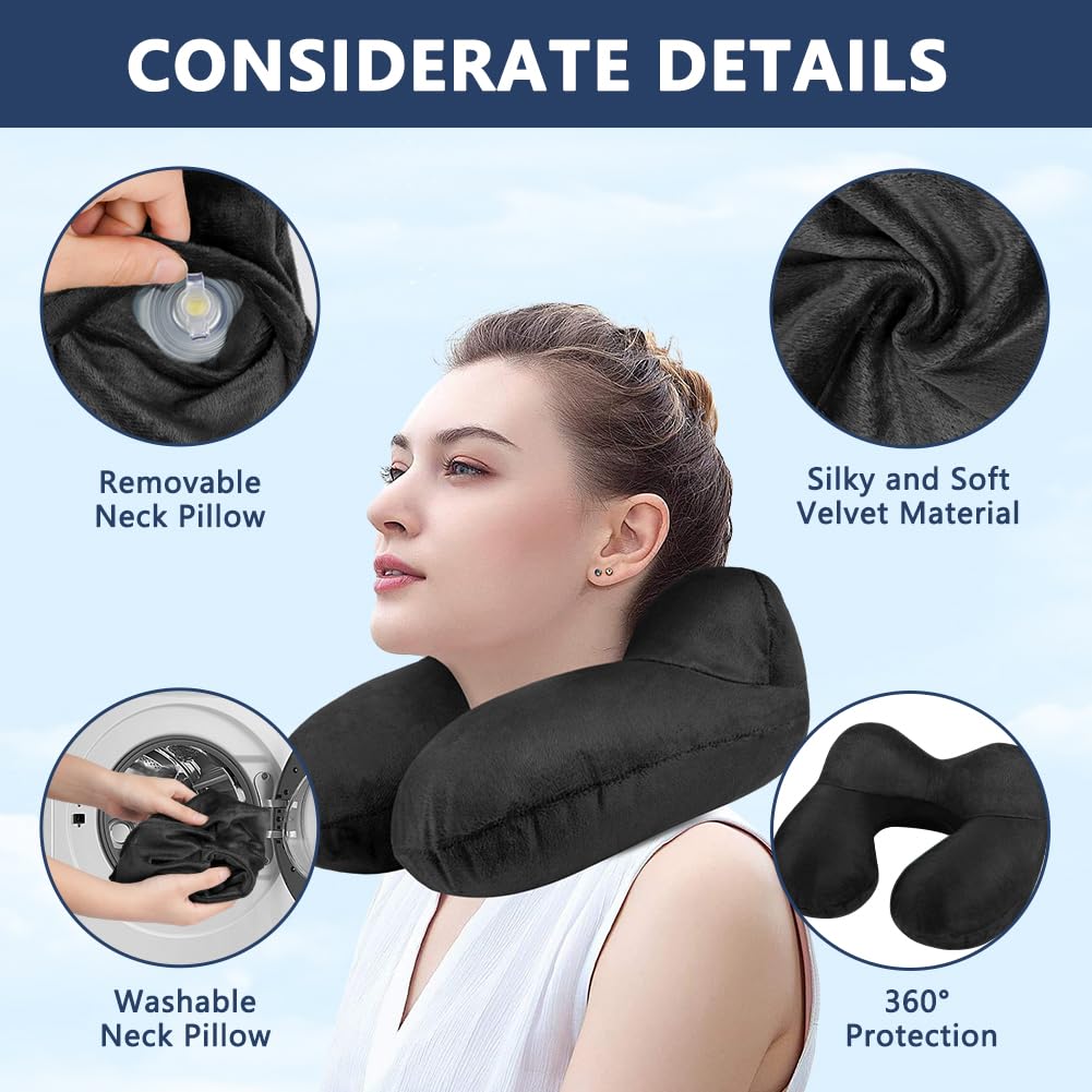 flintronic Inflatable Travel Pillow, Inflatable Travel Pillow for Airplane, Soft Velvet Neck Support, Lightweight Ergonomic Sleeping Neck Pillow for Airplane, Train, Car, Office (Black)
