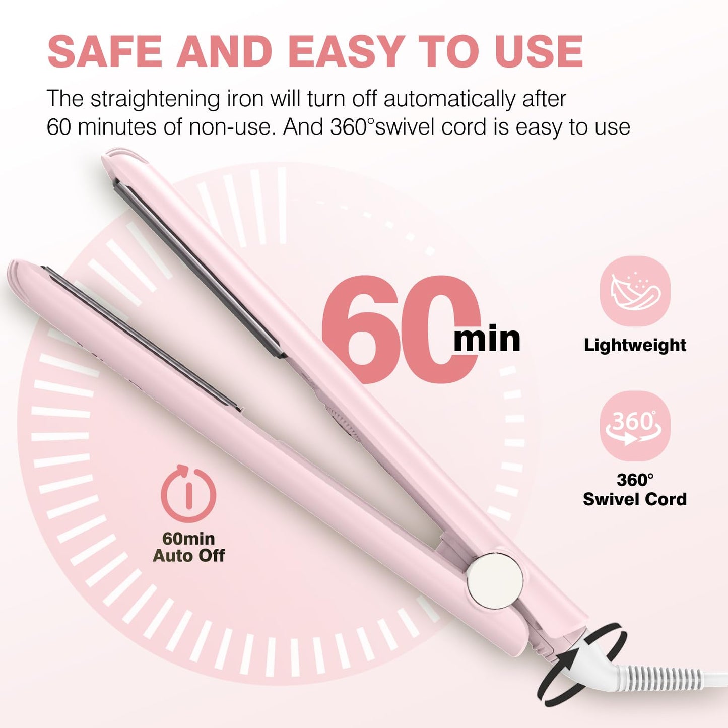 MiroPure 1 Inch Flat Iron, Hair Straightener with 30S Fast Heating & 60min Auto Shut-Off, Hair Straightener and Curler 2 in 1 with 3D Ceramic Floating Plates, Pink