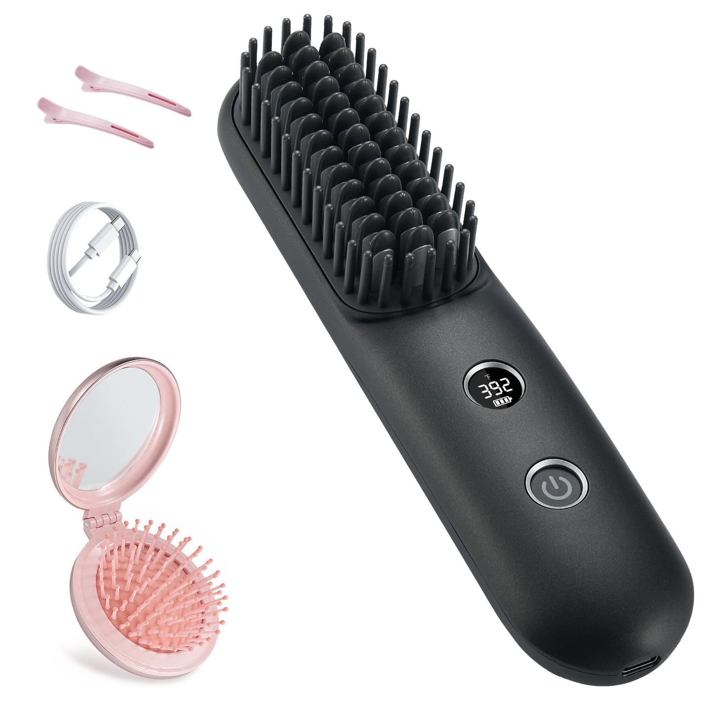 STUDLLY LCD Screen Cordless Hair Straightener Curler 2 in 1, Portable Mini Hair Straightening Brush for Travel Negative Ionic Fast Heating Hot Comb for Women, Folding Brush with Mirror, Black