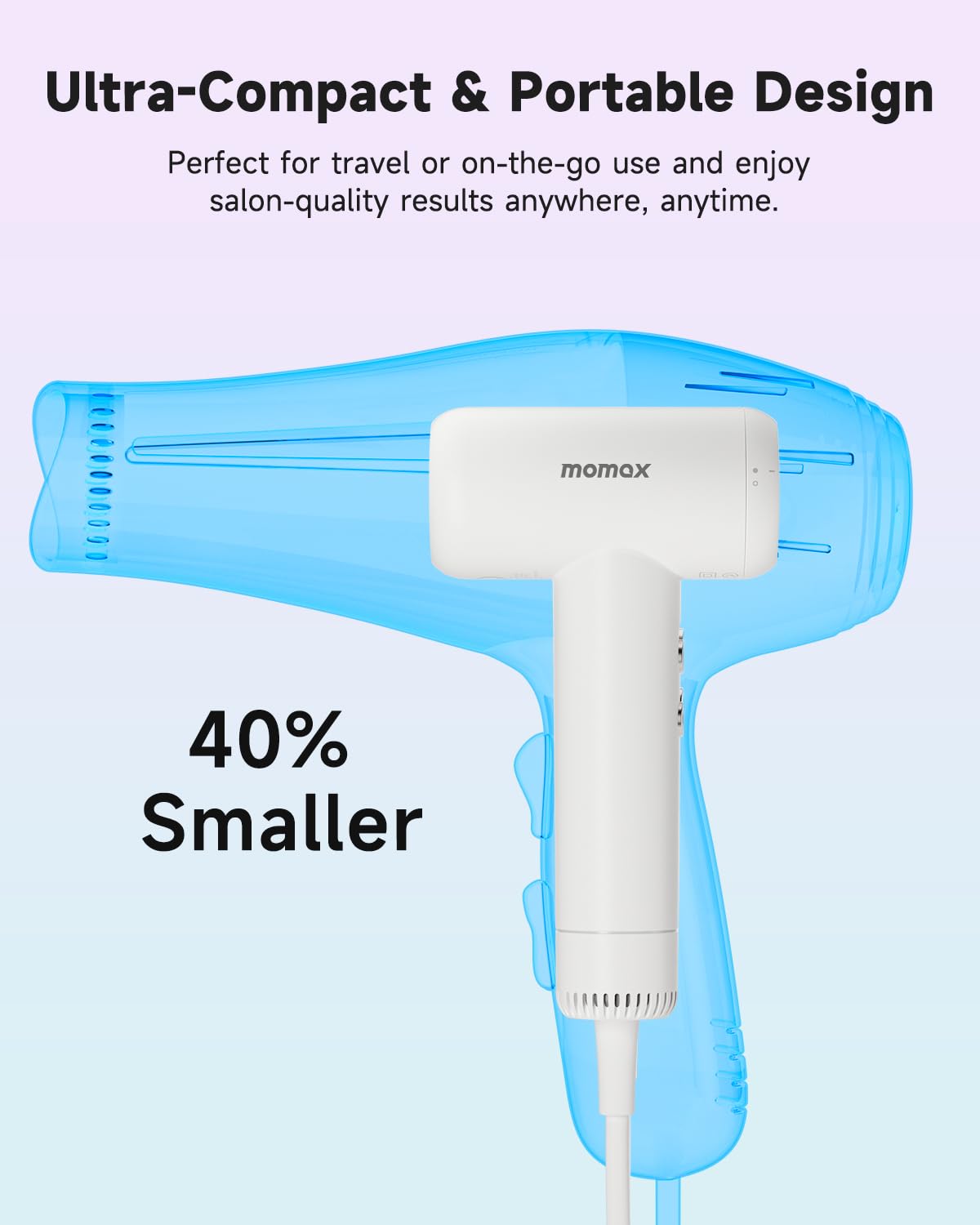 momax High-Speed Hair Dryer - Mini Blow Dryer with 110,000 RPM Brushless Motor, Negative Ionic for Fast Drying, Low Noise, Portable with Magnetic Nozzle, Lightweight Design for Home and Travel