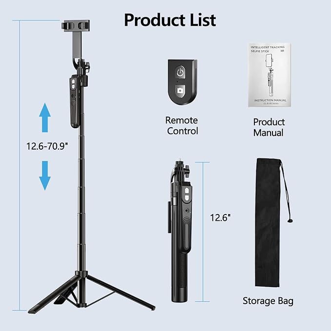Auto Face Tracking Tripod 360° Rotation with Stand, 70.9" Motion Sensor Phone Tripod Stand, No App, Gesture Control, Smart Face Body Auto Tracking Selfie Stick Tripods for Video Record/Live Streaming