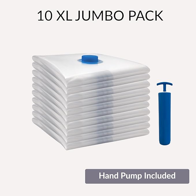 10 XL Jumbo Vacuum Storage Bags with Pump, Extra Large Compression Space Saver for Comforter, Duvet, Bedding, Blanket Storage, Vacuum Seal Bags for Clothing, Luggage Closet Organizer