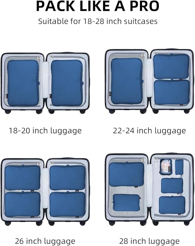 Compression Bags for Travel, XL/L/M/S Luggage Organizers (6 Set, Dark Blue)