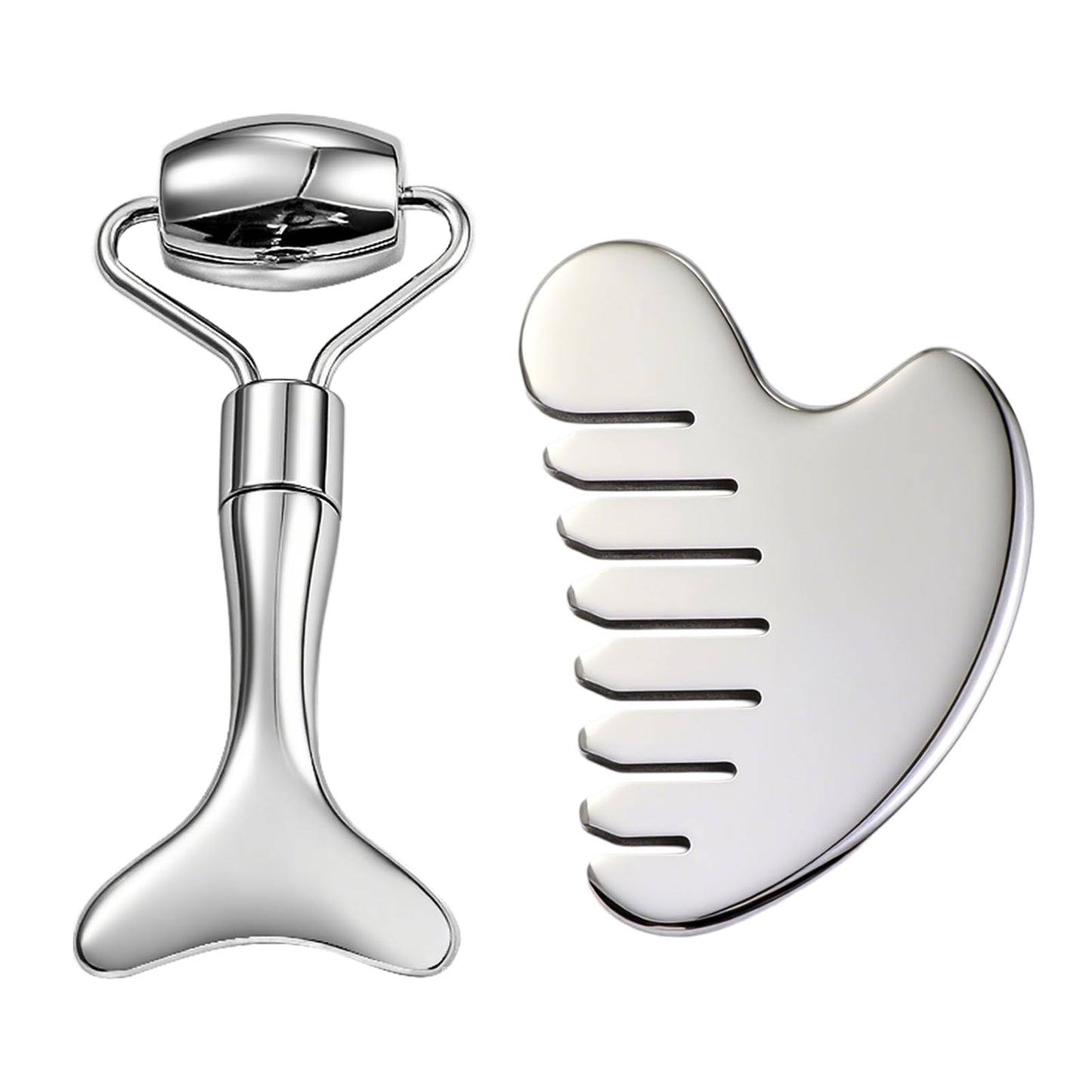 Gua Sha Facial Tool and Face Roller Set, Stainless Steel Lymphatic Drainage Massager for Face, Head, Eyes, Chin and Jaw, Lifting, Massage Scraping with Travel Pouch