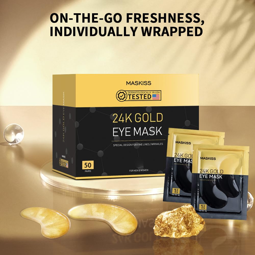 Maskiss 24k Gold Under Eye Patches (50 Pairs), eye mask, Collagen Skin Care Products, Eye Patches for Puffy Eyes, eye masks for dark circles and puffiness