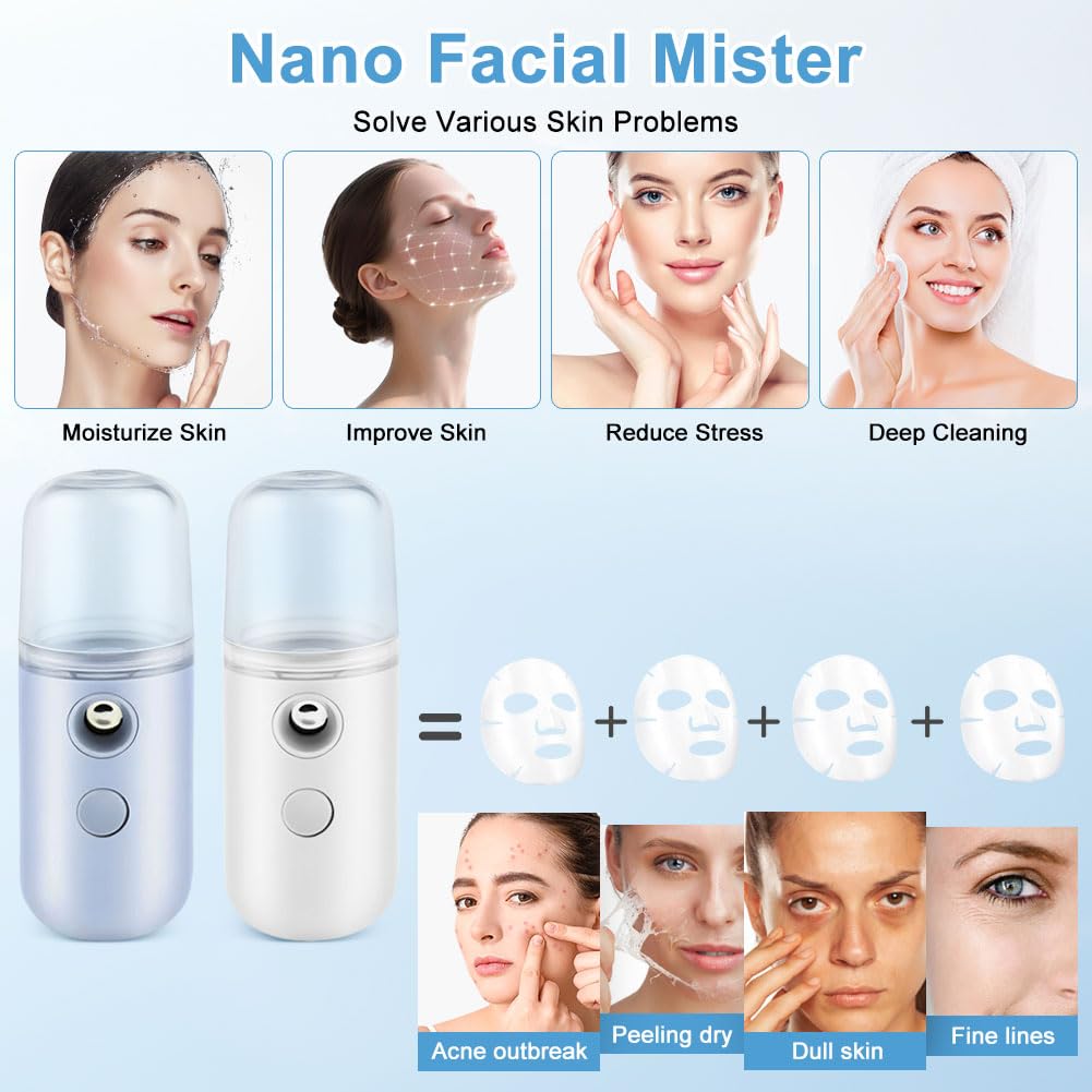 2PCS Portable Nano Face Mister, Abnaok Facial Steamer, USB Rechargeable Cool Mist Sprayer, 30ml Visual Water Tank, Nano Mister for Eyelash Extensions, Facial Deep Cleaning, Makeup
