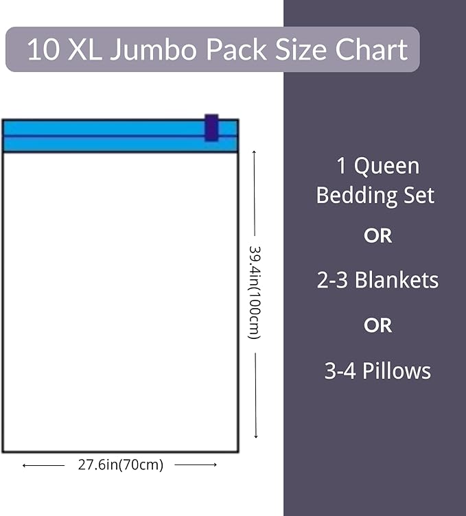10 XL Jumbo Vacuum Storage Bags with Pump, Extra Large Compression Space Saver for Comforter, Duvet, Bedding, Blanket Storage, Vacuum Seal Bags for Clothing, Luggage Closet Organizer
