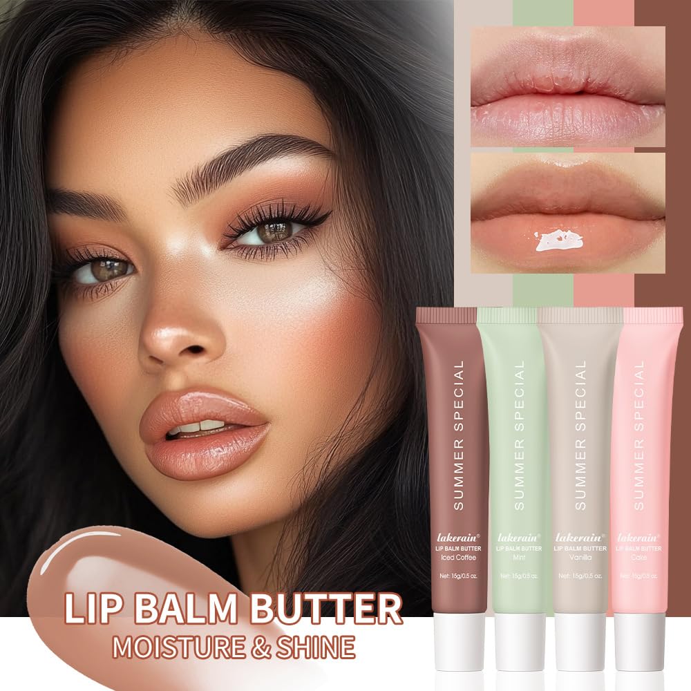 4Pcs Summer Tinted Lip Butter Balm - Ultra-Hydrating, Nourishing Lip Care with Natural Ingredients, Soothes & Softens Dry Lips, Birthday Cake with Slight Shine (Vanilla+Mint+Coffee+Cake, 4Pcs)