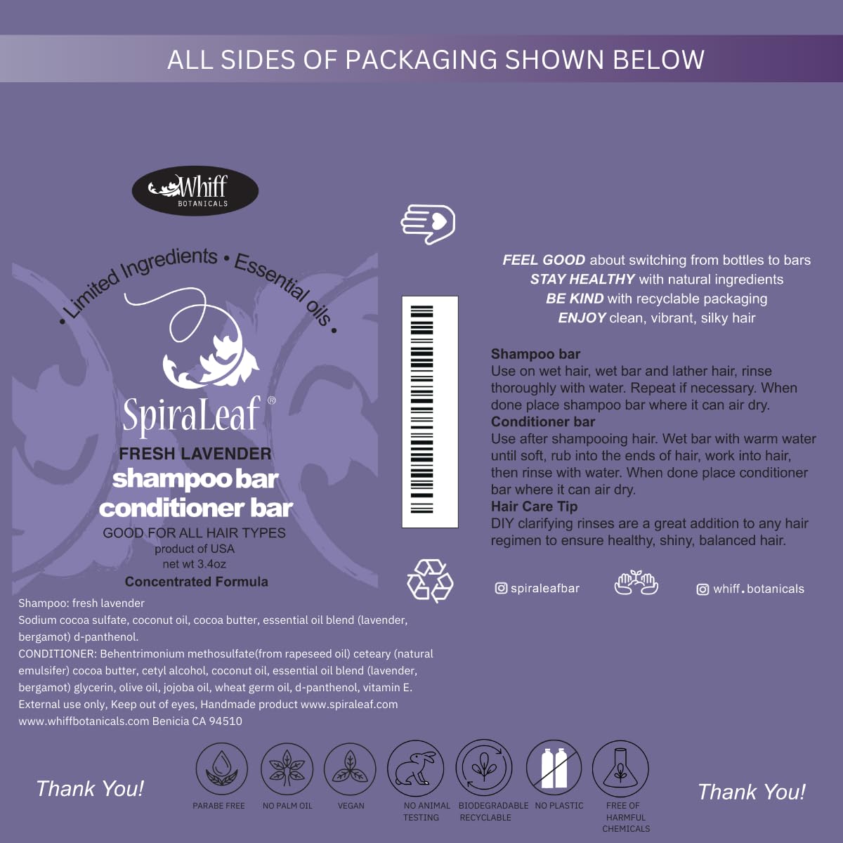 SPIRALEAF Solid Shampoo Bar & Conditioner Bar Set, FRESH LAVENDER Essential Oil Blend, Limited Ingredients, Concentrated Formula, Fragrance-Free, Dye-Free, Premium Hair Care and Shave Bars